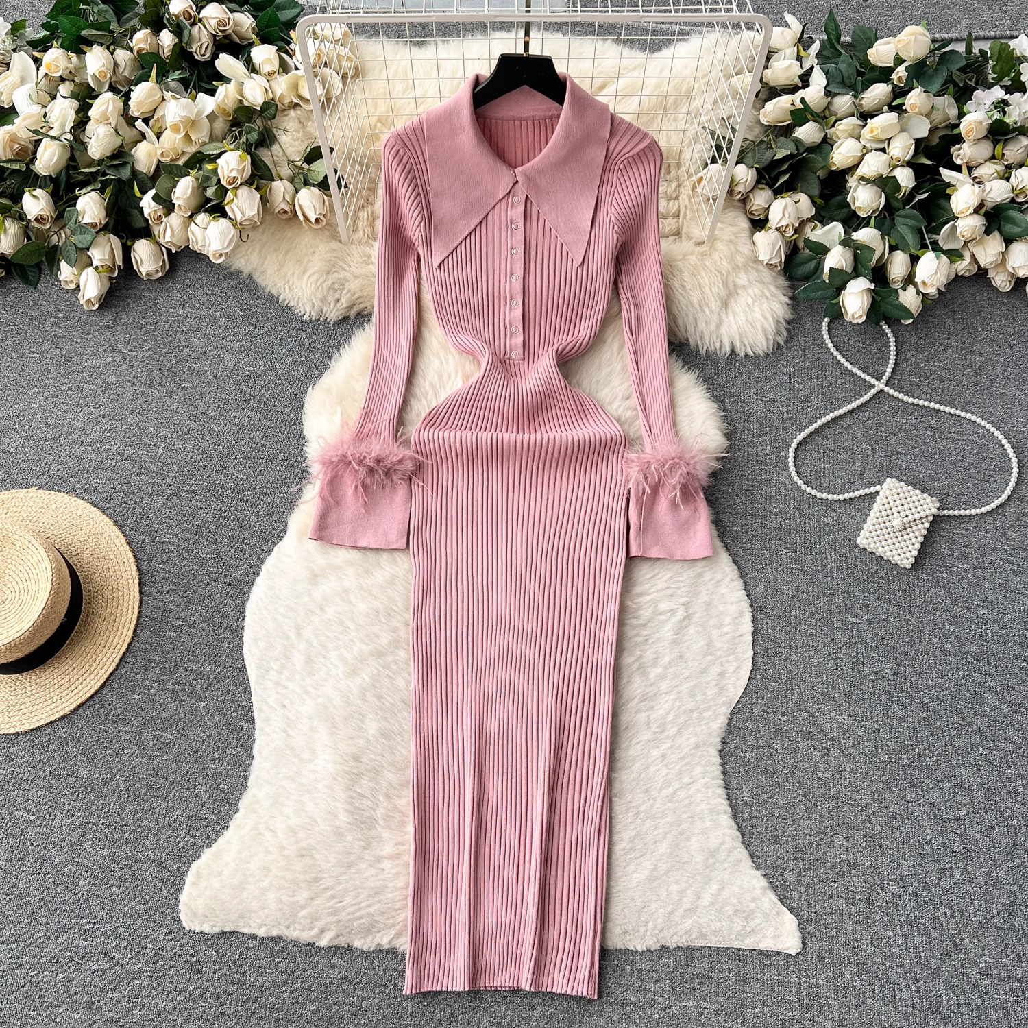 Women's autumn and winter lapel feather tight knitted dress