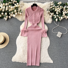 Women's autumn and winter lapel feather tight knitted dress