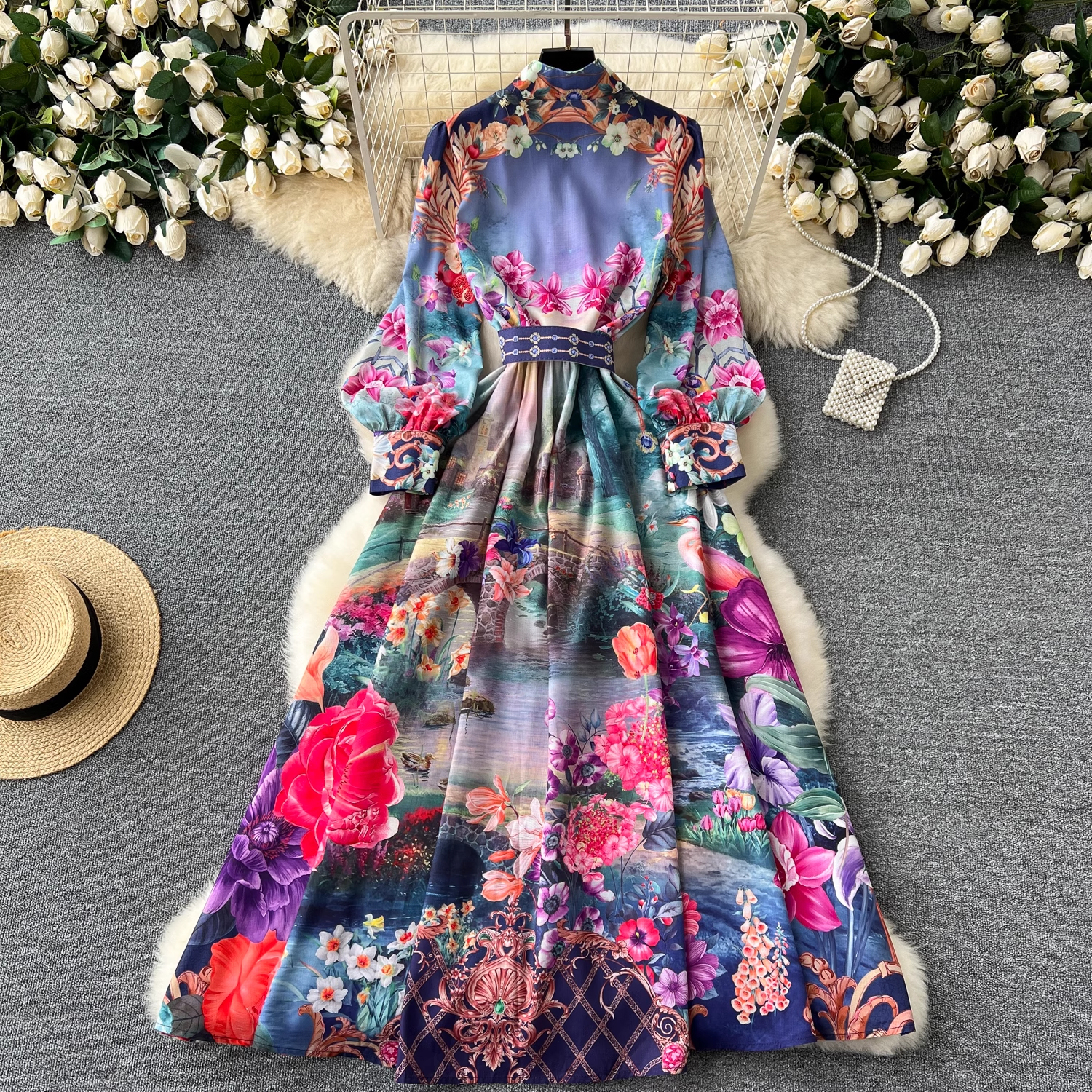 Retro French mid-length lantern long-sleeve printed dress