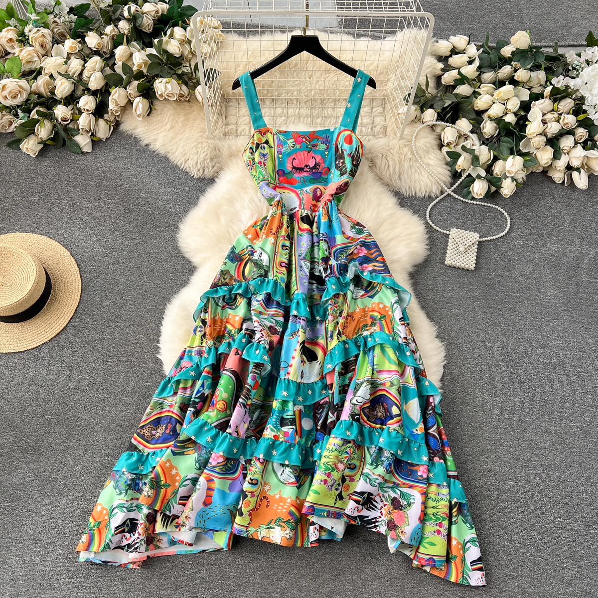 women's printed retro suspender dress