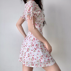 Retro Strawberry Floral Square Neck Short Sleeve Dress