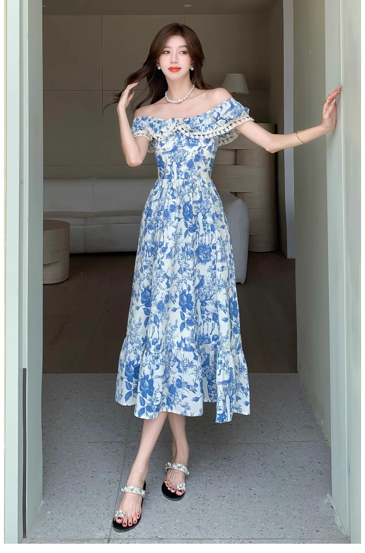 Women's summer blue oil painting floral dress