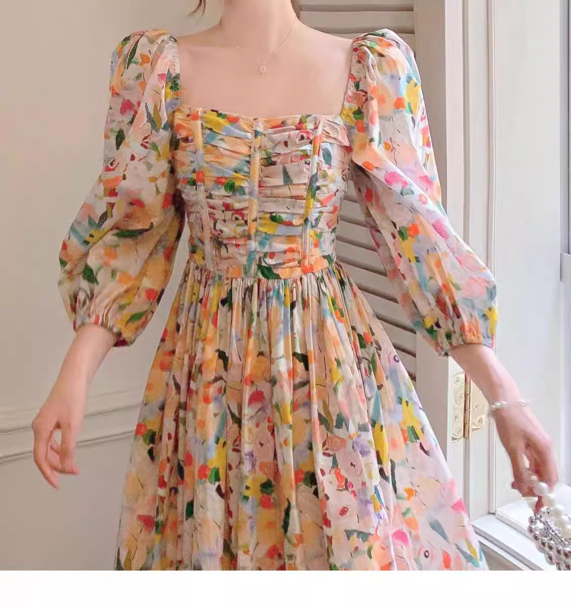 Retro Chic Floral Puff Sleeve Dress for Women Summer