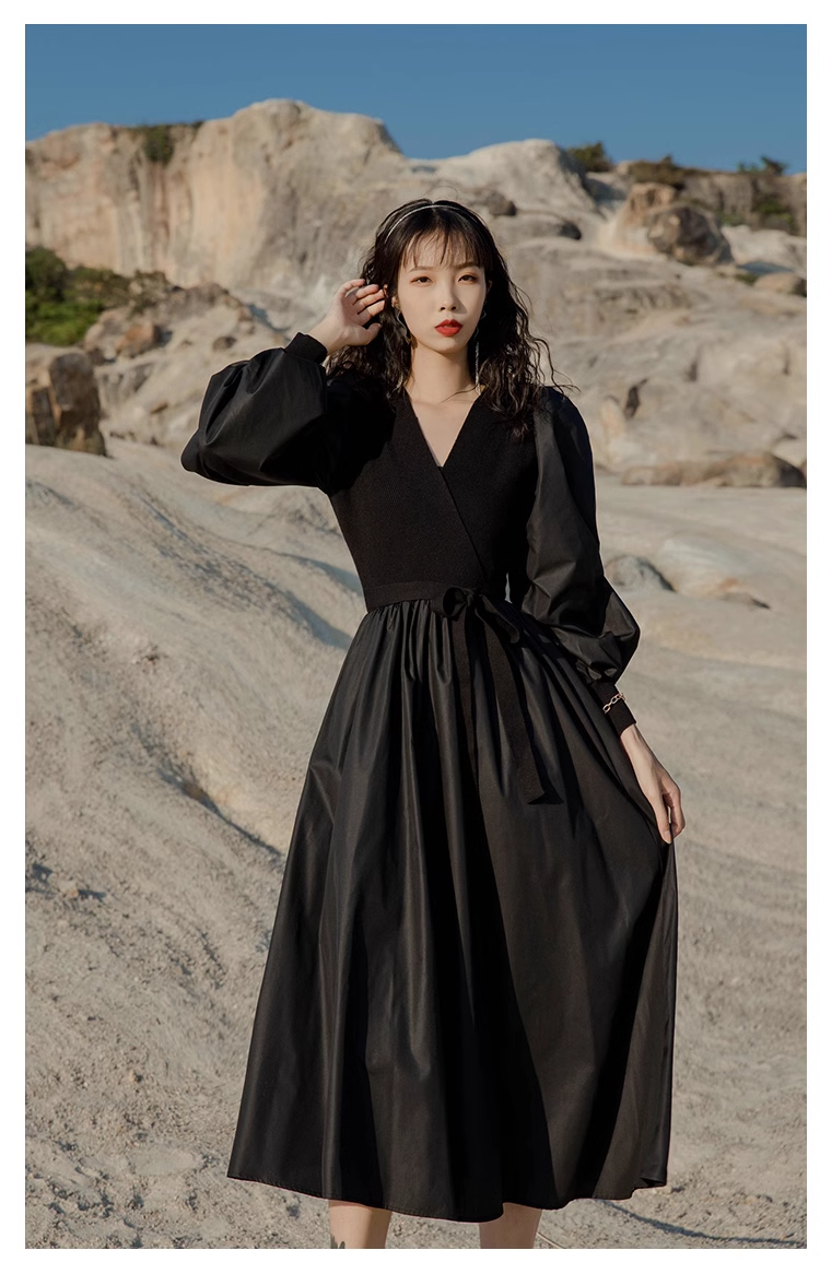 Knitted patchwork black v-neck long-sleeved dress