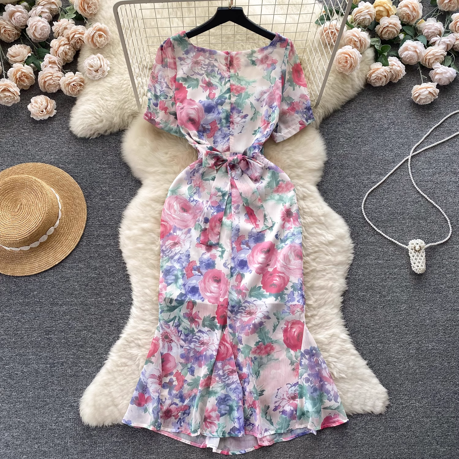 Women's Square Neck Puff Sleeve Floral Chiffon Mermaid Dress