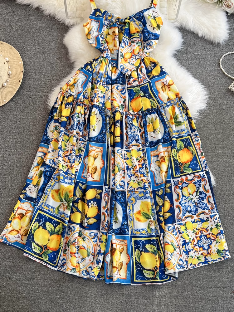 Mid-length a-line lemon print suspender dress seaside vacation long dress