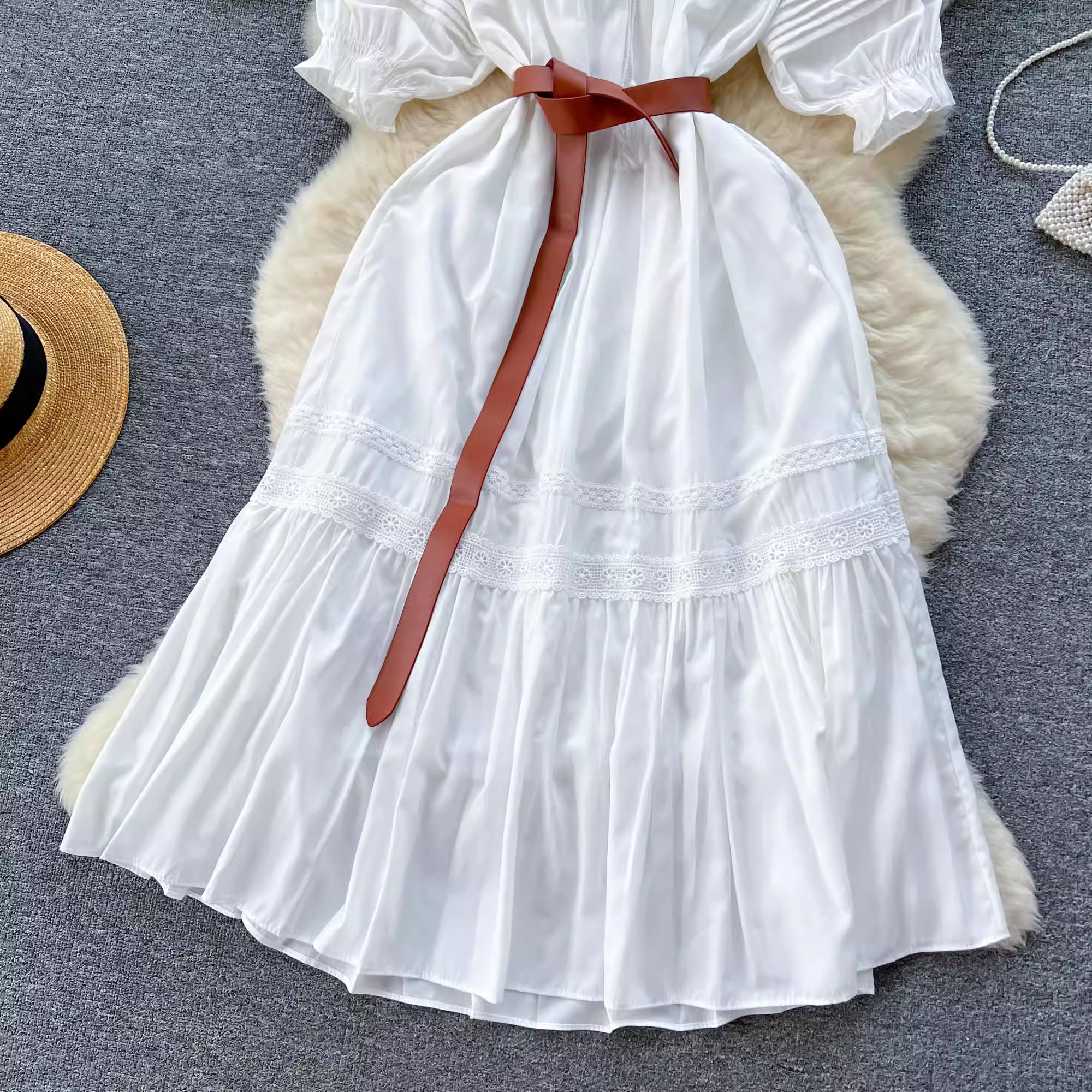 Puff sleeve hollow embroidery sweet summer dress for women,