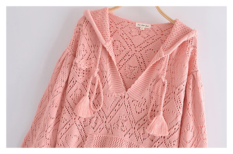 Hollow out design short Pink Knitted Hooded Sweater,