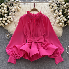 Women's Retro Court Style Waist Belt Ruffle Hem Blouses