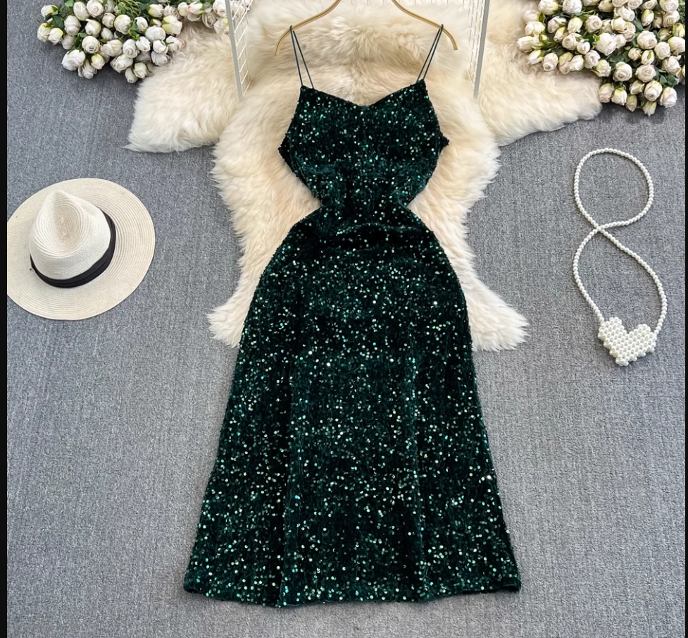 Sleeveless mid-length a-line sparkling sequin suspender dress