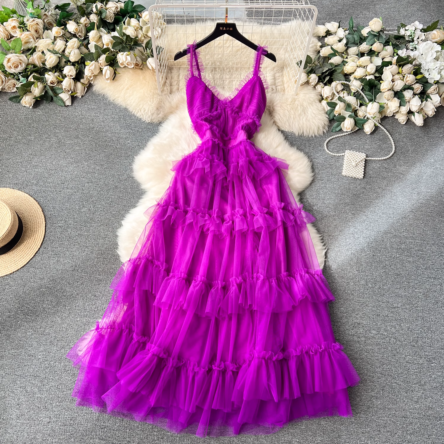 A-line V Neck Tulle Prom Dress