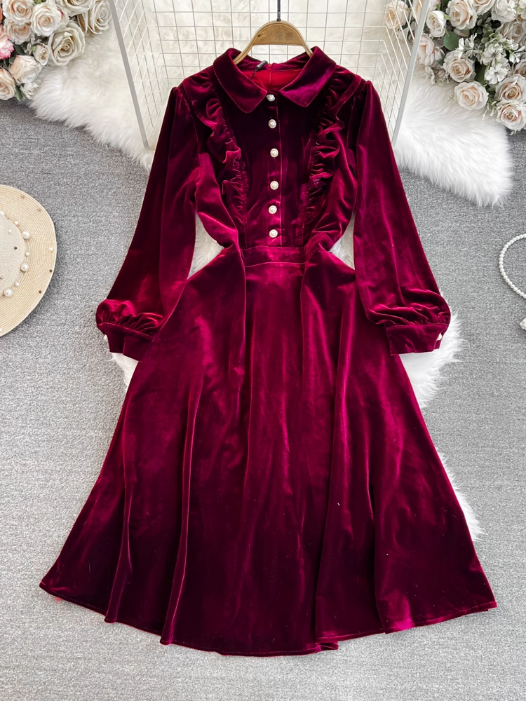 Long sleeve lapel a-line velvet dress