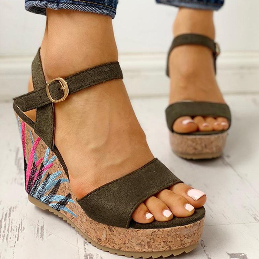 Ankle-strap Leaf Print Wedges Sandals