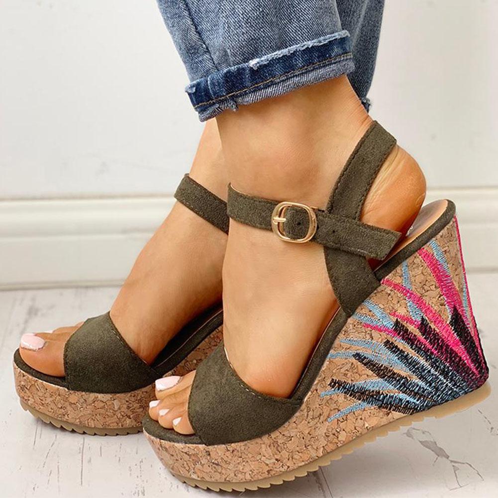 Ankle-strap Leaf Print Wedges Sandals