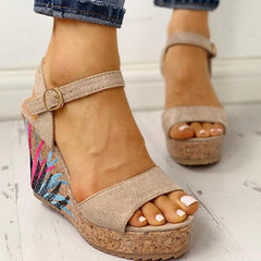 Ankle-strap Leaf Print Wedges Sandals