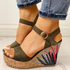 Ankle-strap Leaf Print Wedges Sandals