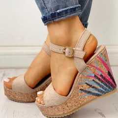 Ankle-strap Leaf Print Wedges Sandals