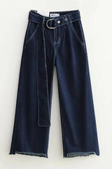 Belt Frayed Hem Irregular Jeans