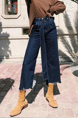 Belt Frayed Hem Irregular Jeans