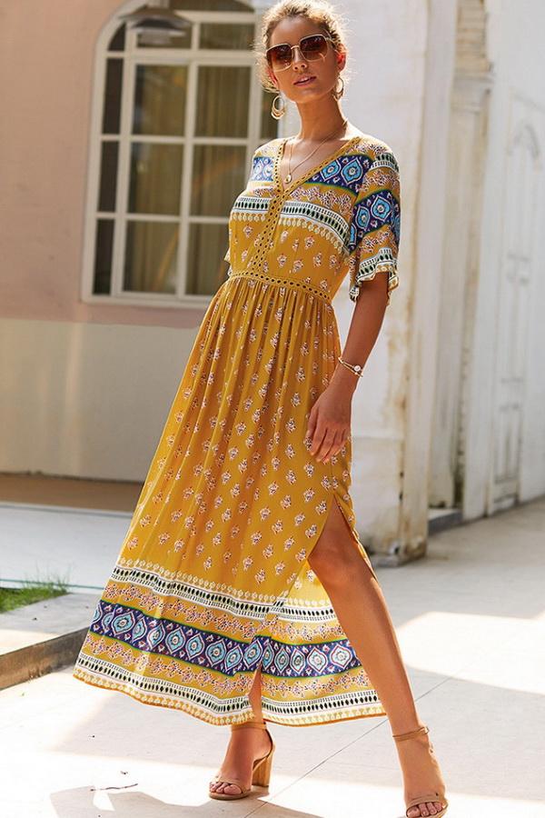 Bohemian V Neck Slit Dress