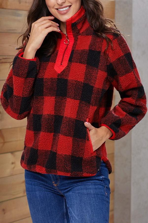 High-collar Checked Plush Plaid Sweater