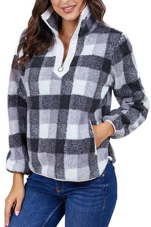 High-collar Checked Plush Plaid Sweater