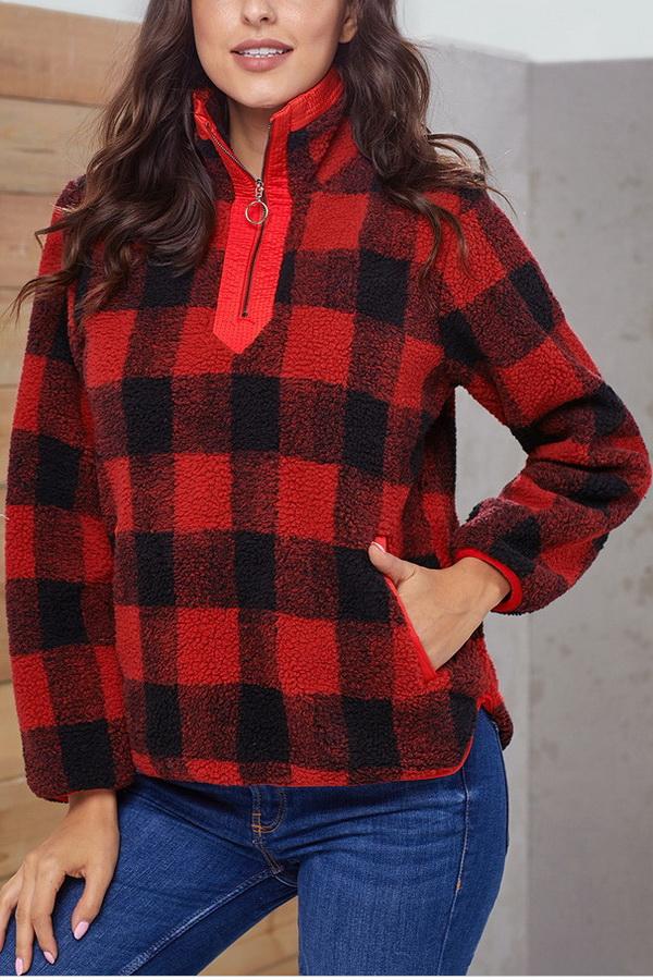 High-collar Checked Plush Plaid Sweater