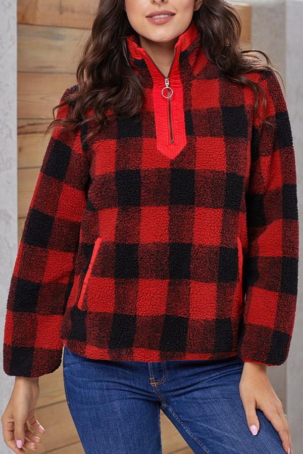 High-collar Checked Plush Plaid Sweater