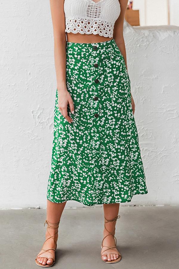 High waist Buttons Floral A-line Skirt