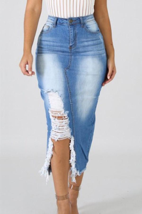 High Waist Ripped Destroyed Denim Skirt