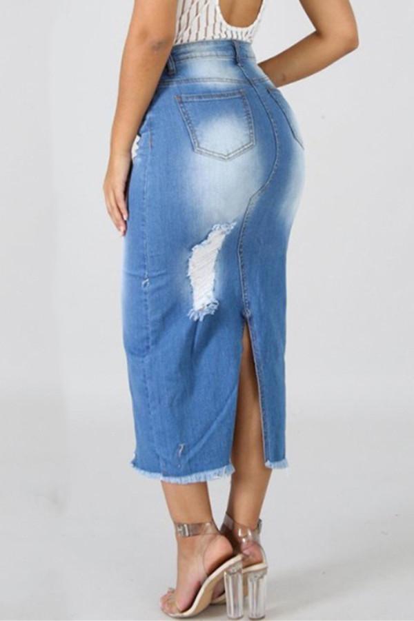 High Waist Ripped Destroyed Denim Skirt