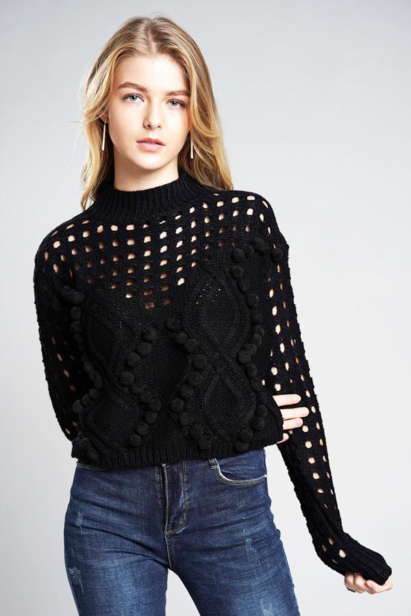 Hollow Out Pompom Knitting Sweater