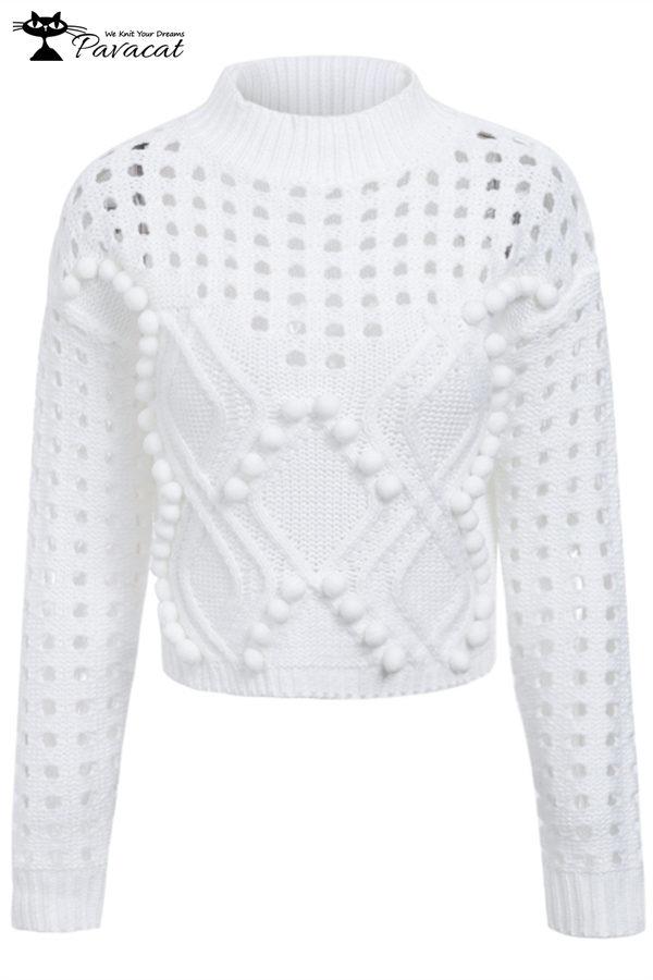 Hollow Out Pompom Knitting Sweater