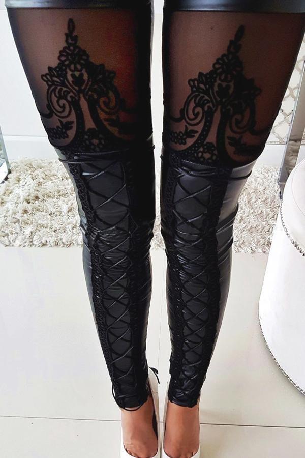 Lace Hollow Out Leather Pants