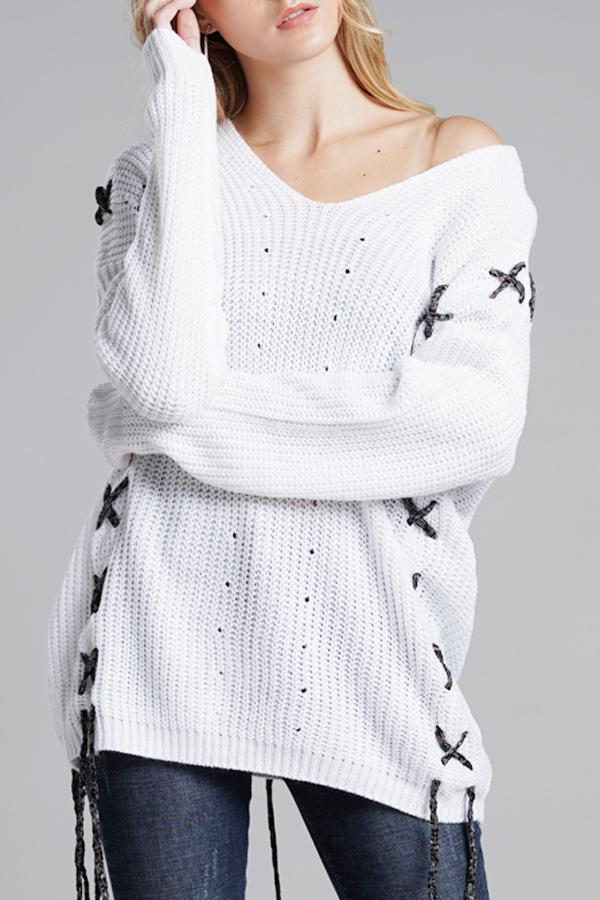 Lace-up Leisure Open Knit Sweater