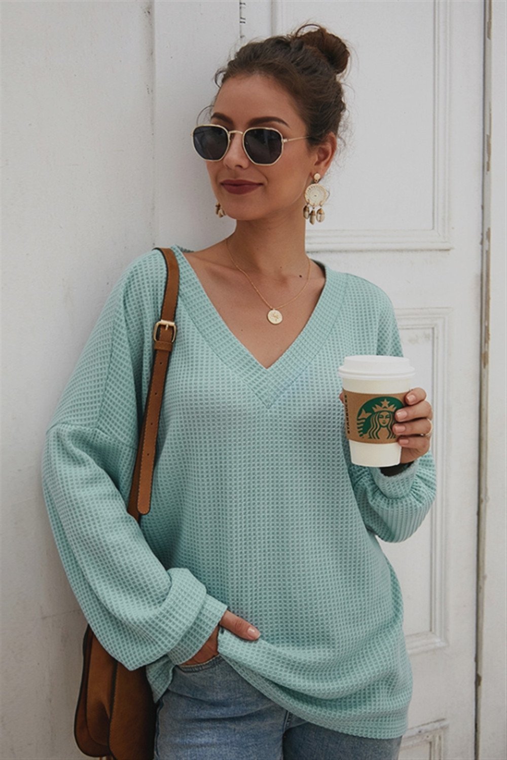 Lantern Sleeve V Neck Loose Sweater