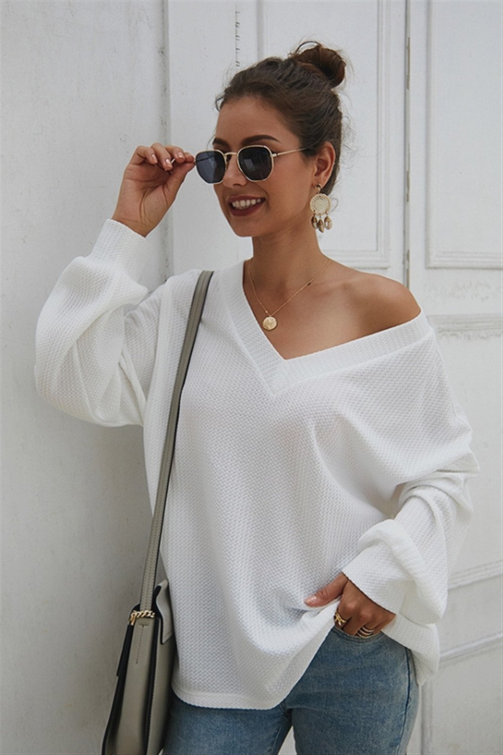 Lantern Sleeve V Neck Loose Sweater