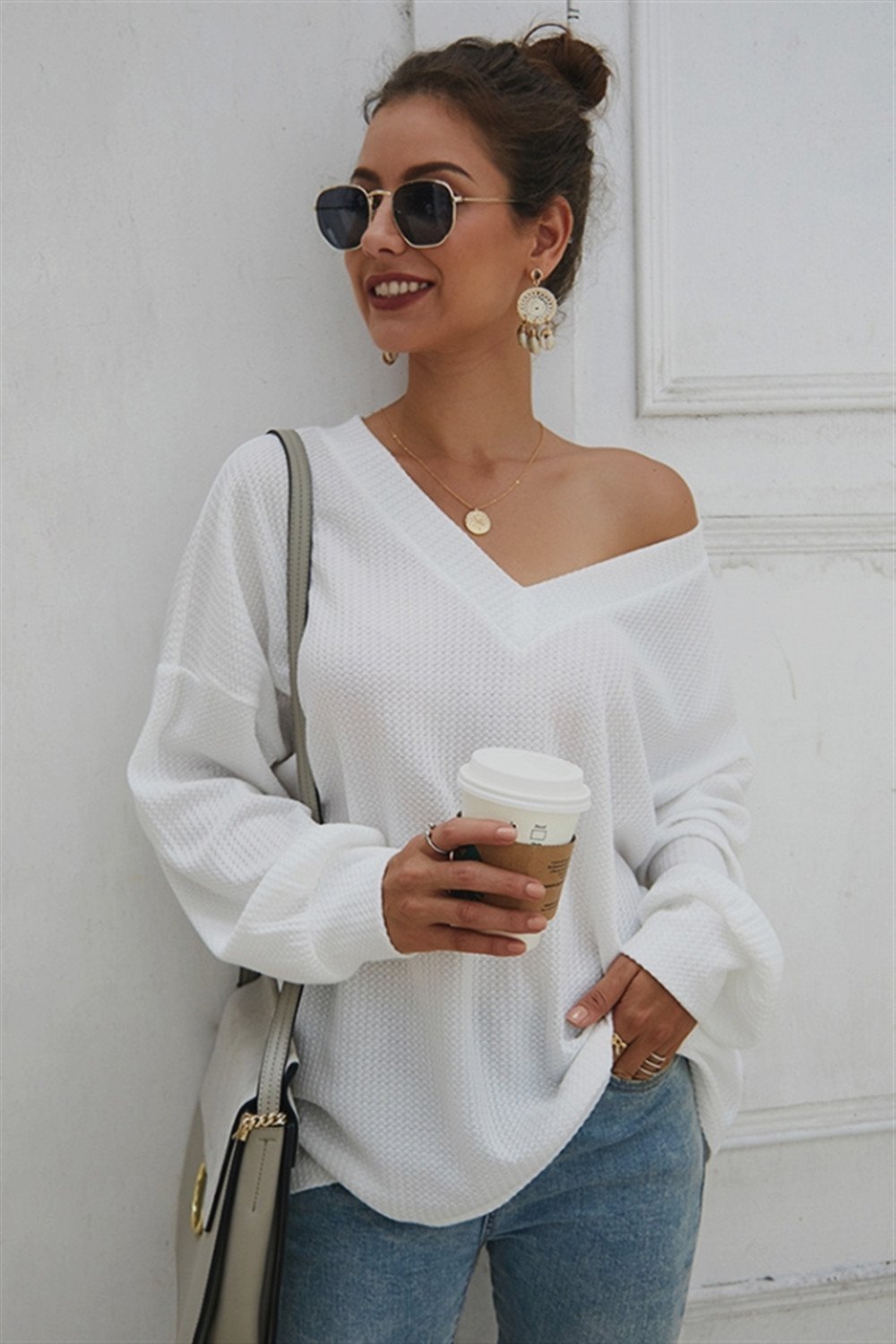 Lantern Sleeve V Neck Loose Sweater