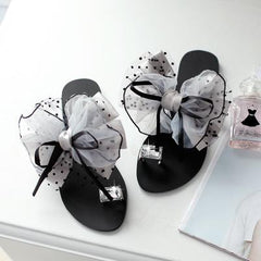 Large Size Summer Rhinestone Lace Organza Bow Knot Flat Slippers