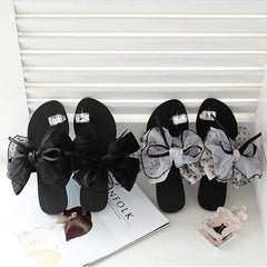 Large Size Summer Rhinestone Lace Organza Bow Knot Flat Slippers