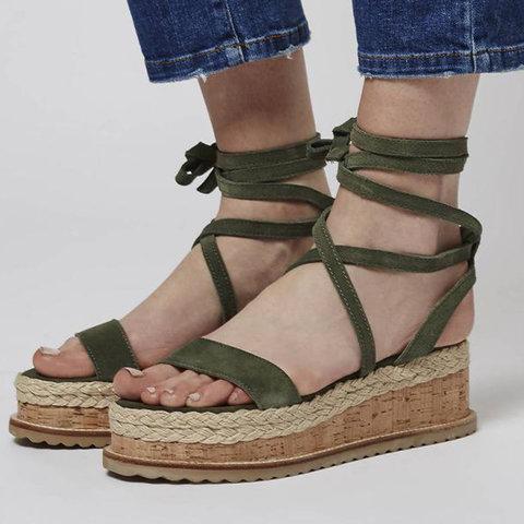 Leather Wedge Sandals Casual Lace Up Shoes