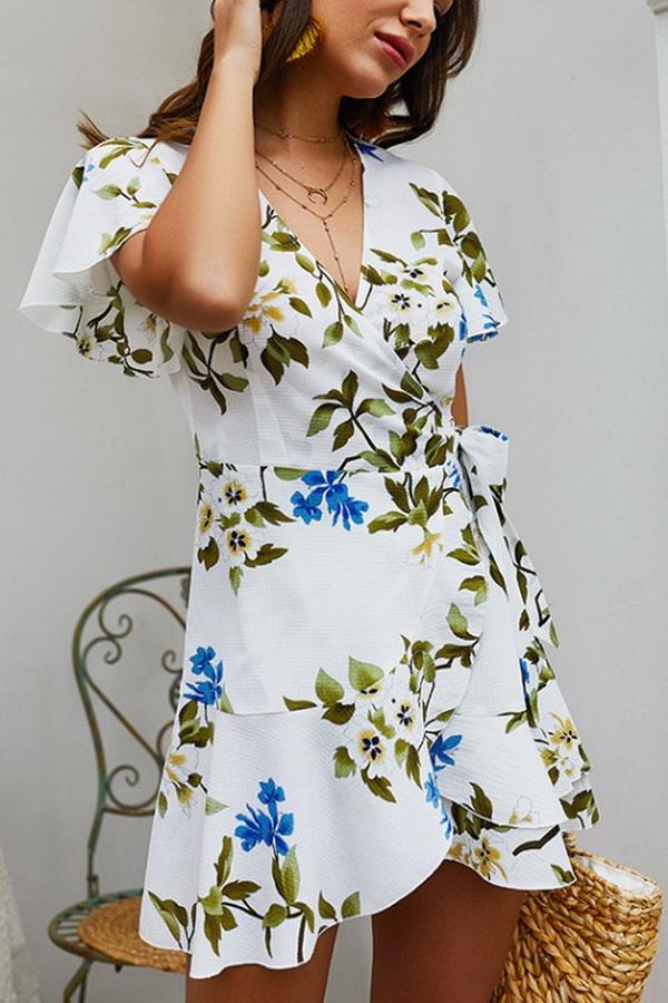 Leaves Print V Neck Wrap Knot Dress