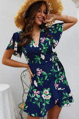 Leaves Print V Neck Wrap Knot Dress