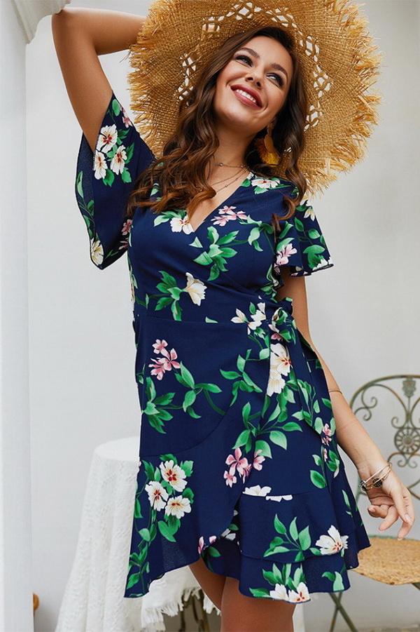 Leaves Print V Neck Wrap Knot Dress