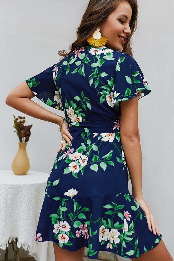 Leaves Print V Neck Wrap Knot Dress