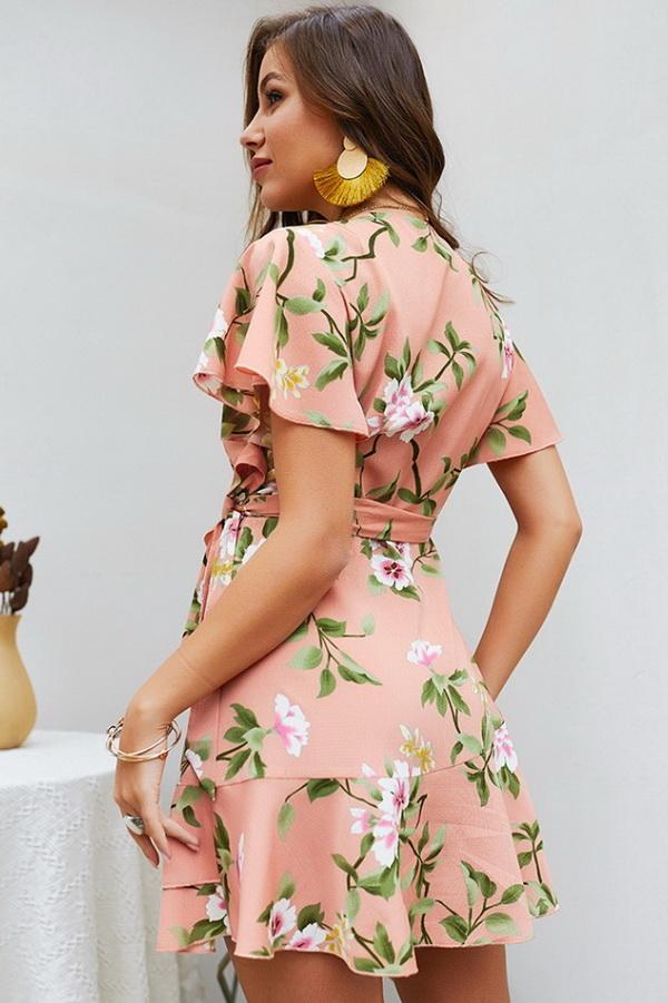 Leaves Print V Neck Wrap Knot Dress