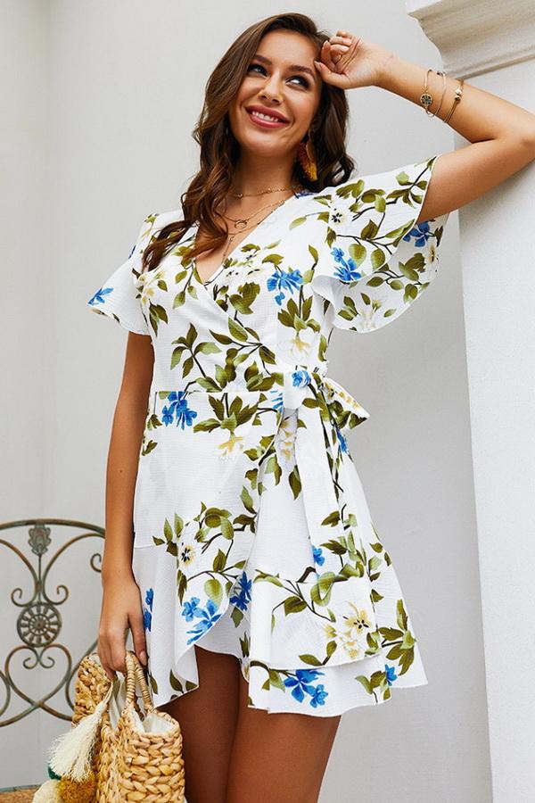 Leaves Print V Neck Wrap Knot Dress