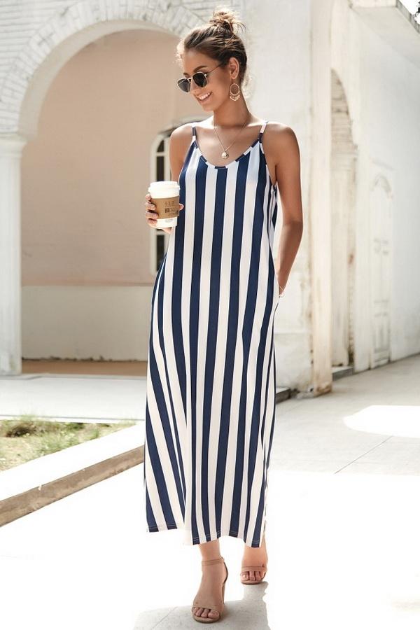 Leisure Striped Sleeveless Loose Dress