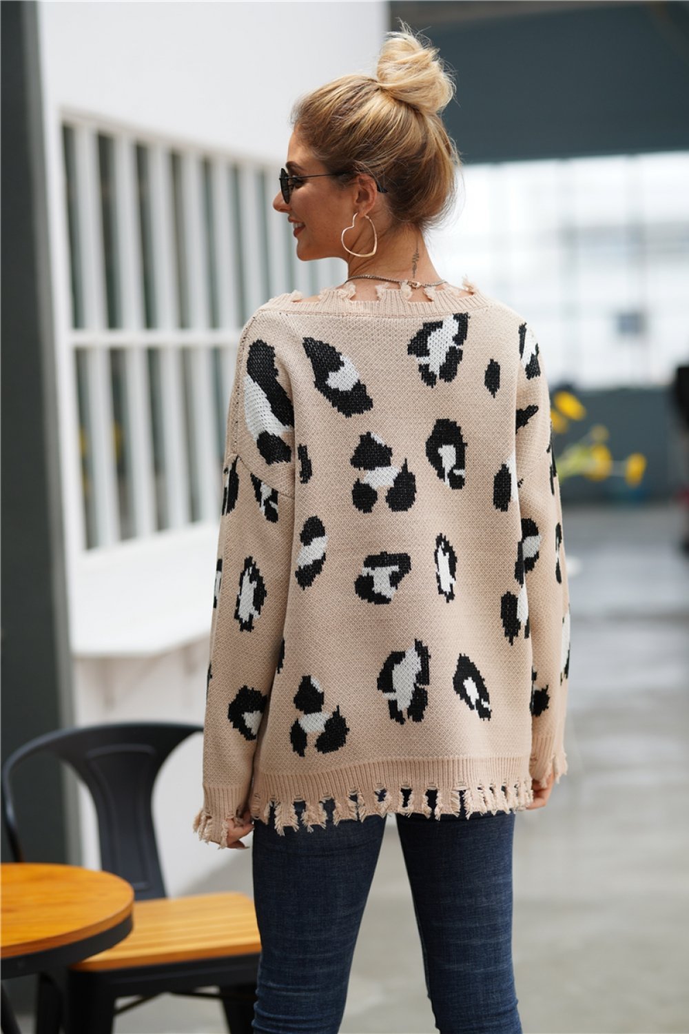 Leopard Frayed Hem Loose Sweater