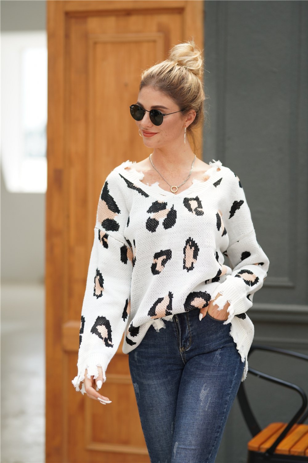 Leopard Frayed Hem Loose Sweater